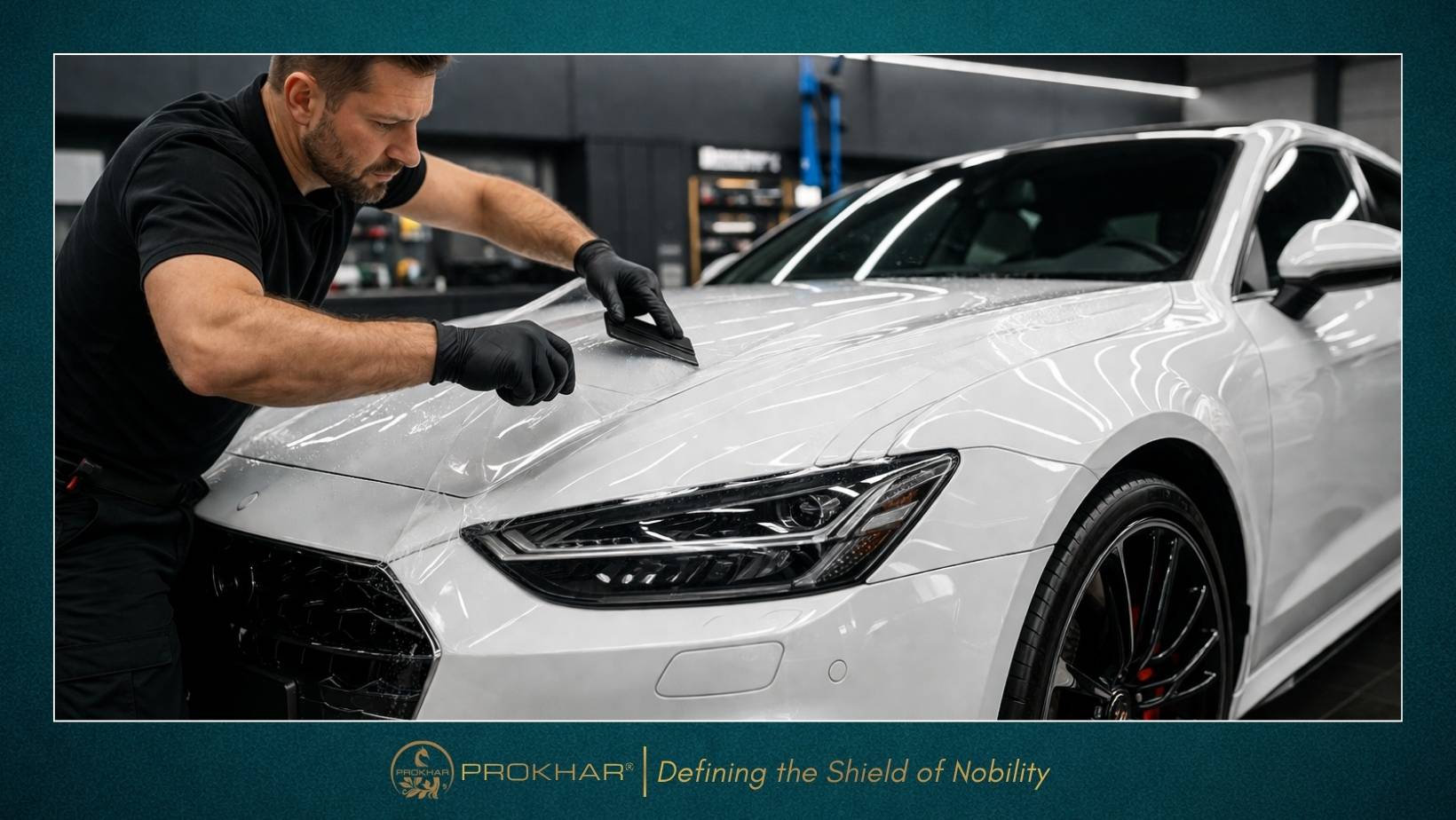 Close-up of PROKHAR Aliphatic TPU PPF showing extreme hydrophobic water beading.