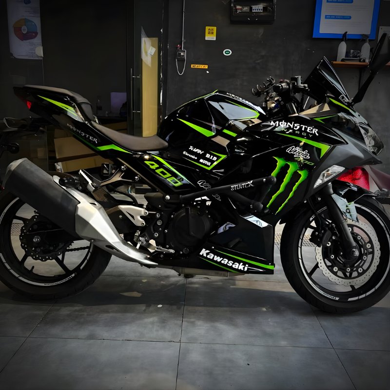 Kawasaki Ninja 400 fitted with PROKHAR Black and Green Custom Fairings