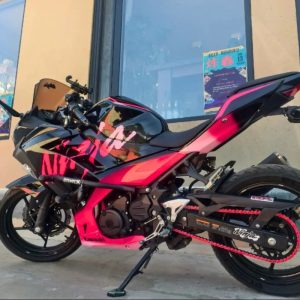Kawasaki Ninja 400 black pink gradient custom fairings installed