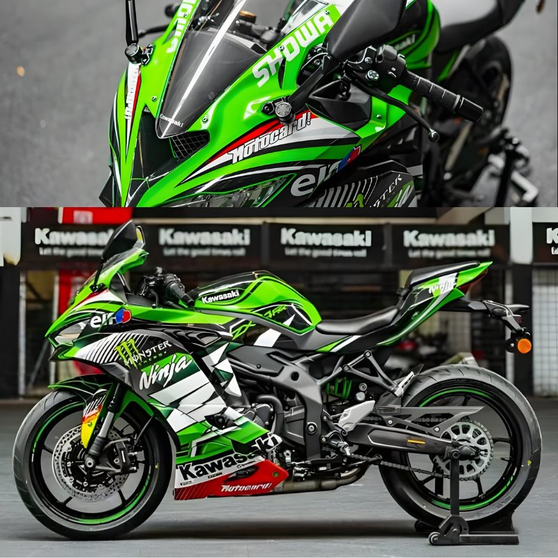 Kawasaki ZX4R equipped with Green and White Custom Sportbike Fairings