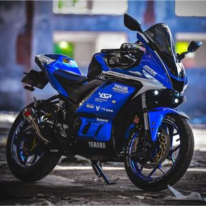 Yamaha YZF-R3 custom motorcycle bodywork in classic blue track livery