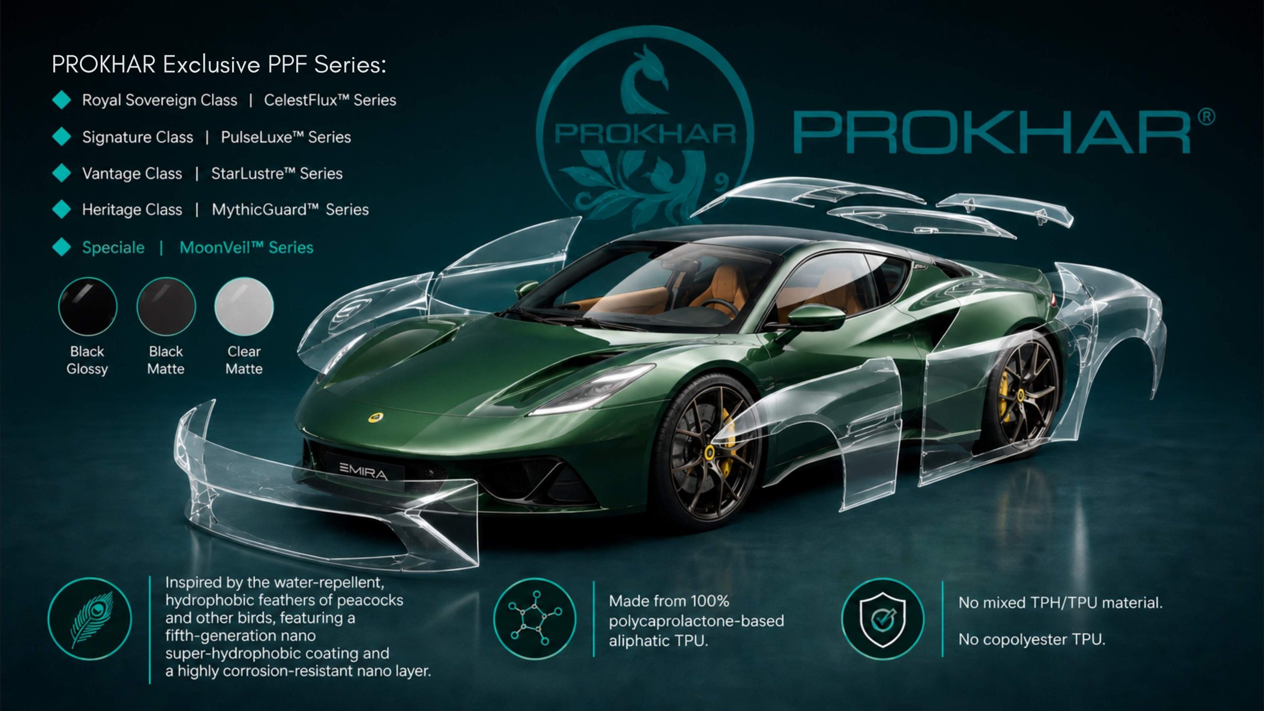 PROKHAR British racing green Lotus Emira with transparent PPF wrap, showcasing premium automotive film protection and luxury car wrap manufacturing.