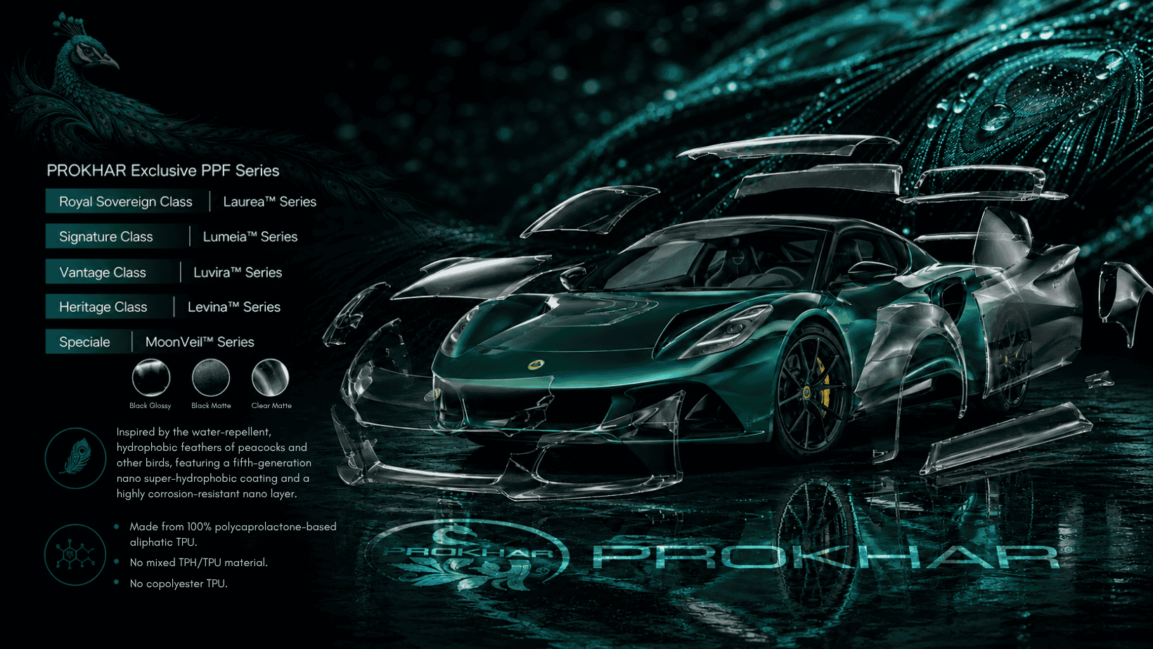 PROKHAR British racing green Lotus Emira with transparent PPF wrap, showcasing premium automotive film protection and luxury car wrap manufacturing.