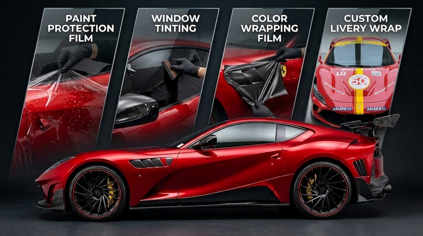 PROKHAR Premium Automotive Film Portfolio: High-end PPF, Window Tint, Color Wrap, and Custom Car Livery for Ferrari.