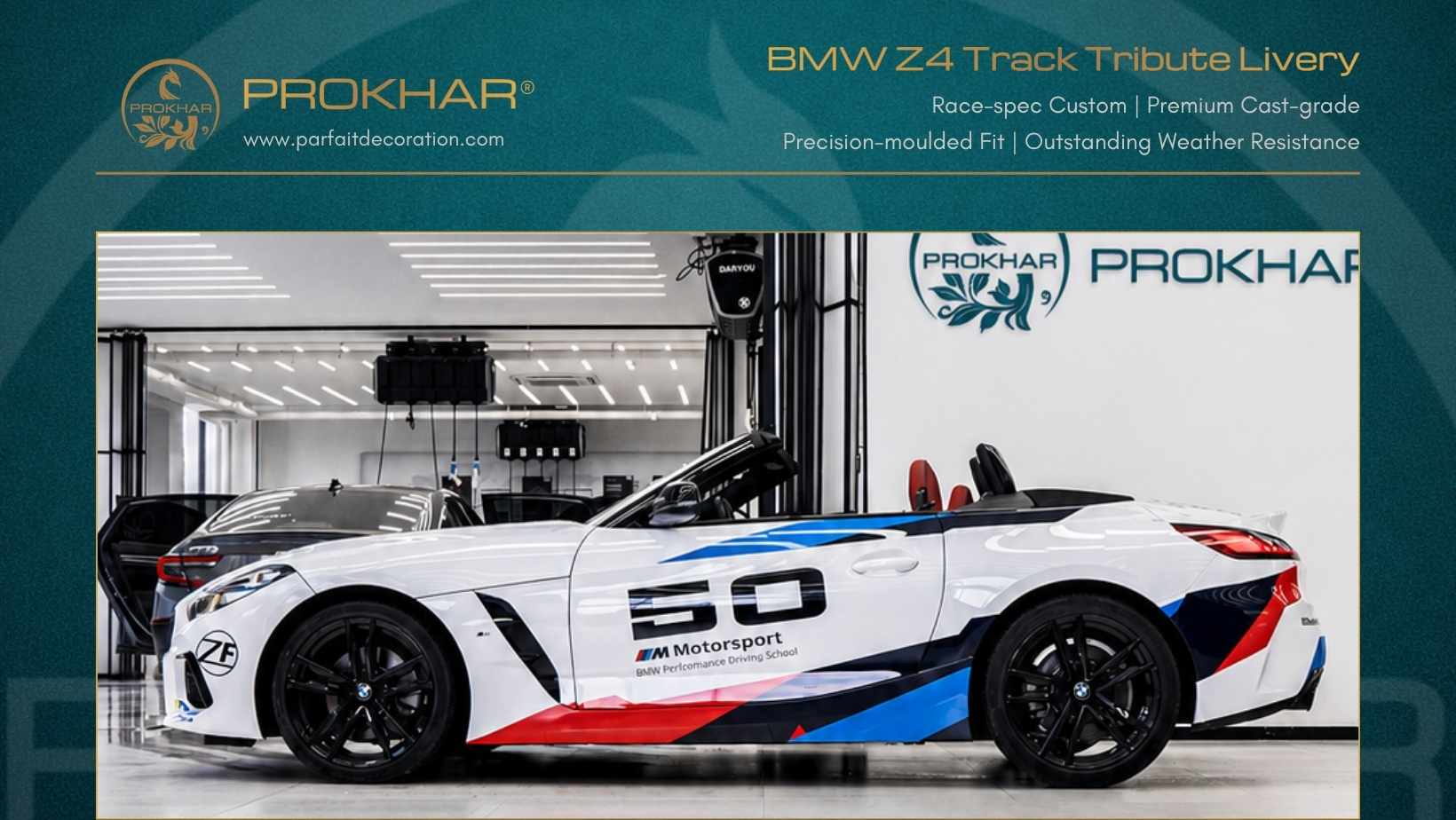 PROKHAR luxury custom car graphics film applied to a BMW Z4 50th Anniversary track edition showcasing high-end bespoke vector design and premium printed finish.