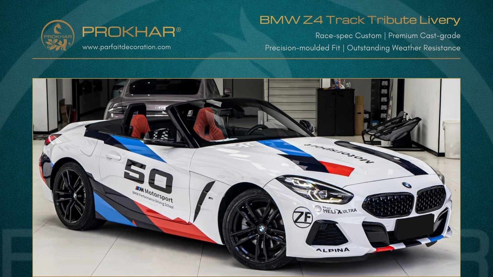 PROKHAR luxury custom car graphics film close-up on BMW Z4 50th Anniversary track edition wrap