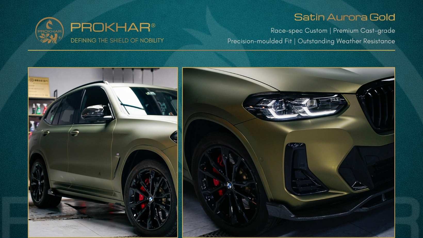 BMW X3 satin wrap showing dual-tone gold-green highlights and liquid metal reflection