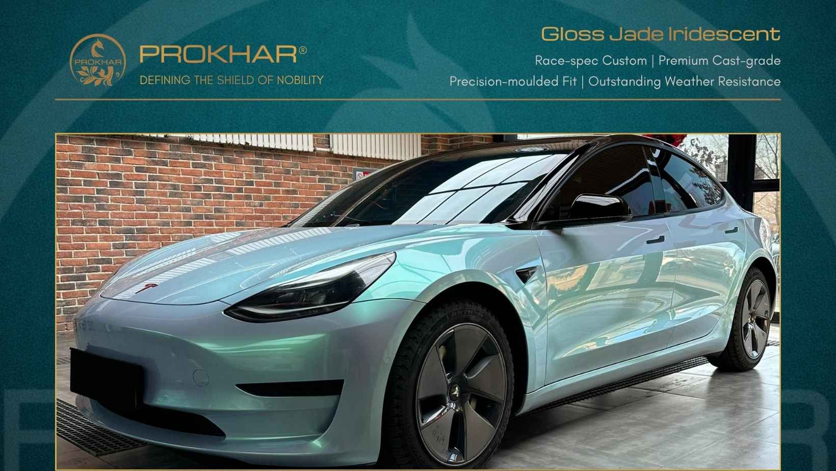 PROKHAR luxury gloss color shift film Gloss Jade Iridescent installed on Tesla Model