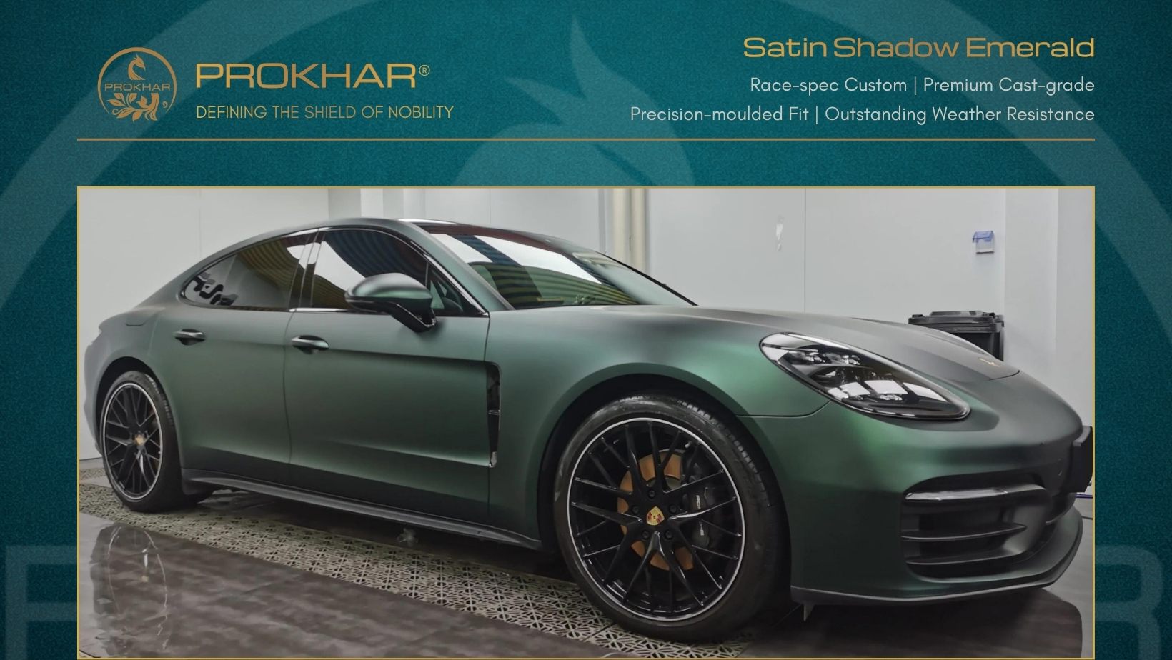 PROKHAR luxury satin matte color change film in Satin Shadow Emerald on Porsche Taycan