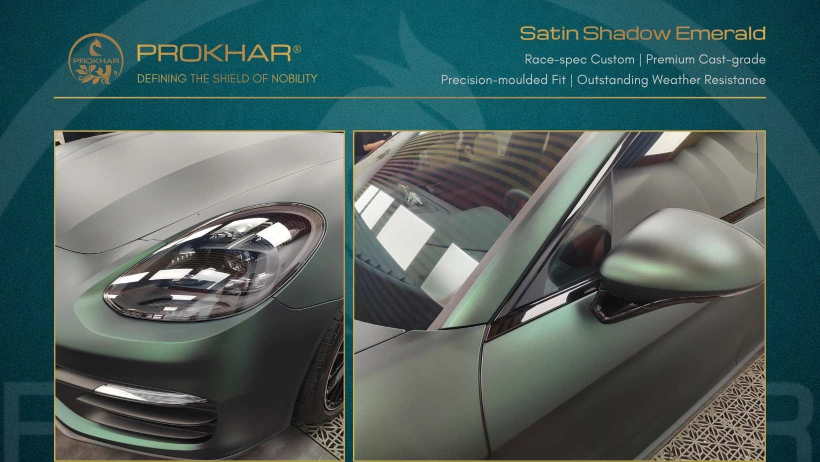Close-up micro-metallic reflection on satin emerald color change film for Porsche bodylines